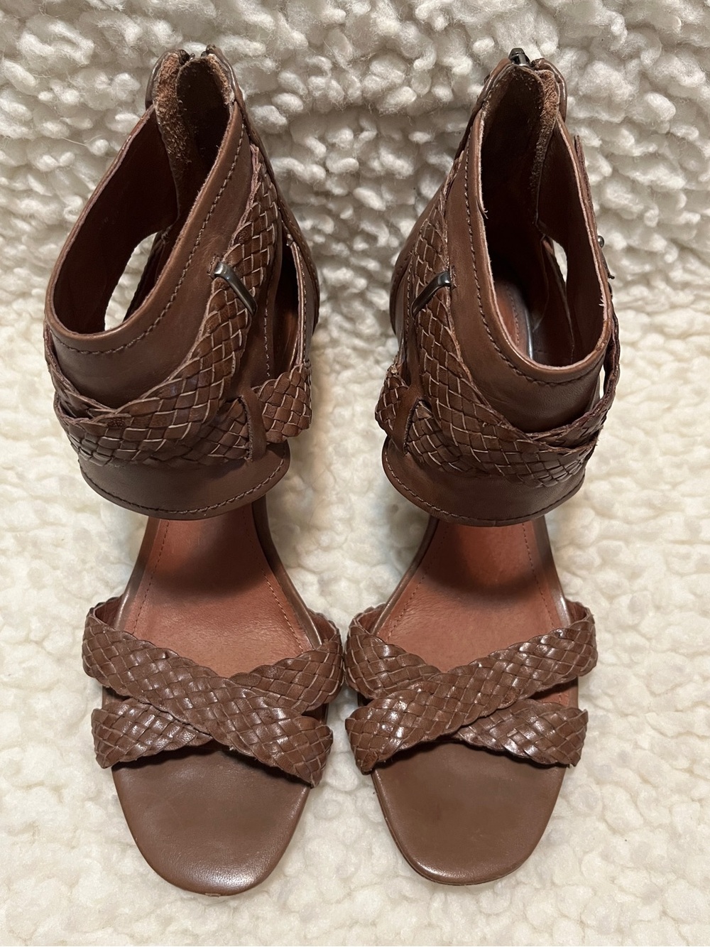 7 For All Mankind Brown Braided Ankle-Wrap Heels, size 8